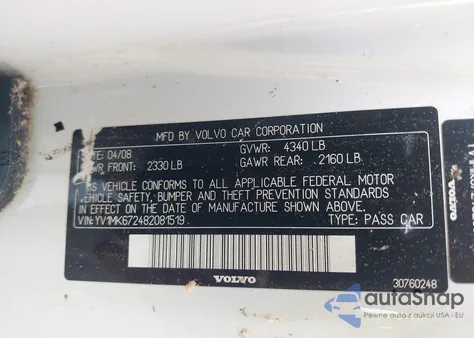 2008 Volvo C30 T5 R-Design/T5 Version 1.0/T5 Version 2.0 z USA, uszkodzony, nr VIN YV1MK672482081519